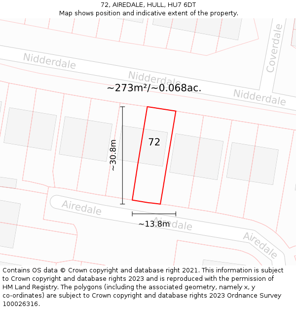 72, AIREDALE, HULL, HU7 6DT: Plot and title map