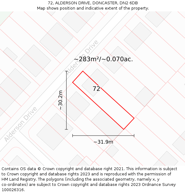 72, ALDERSON DRIVE, DONCASTER, DN2 6DB: Plot and title map