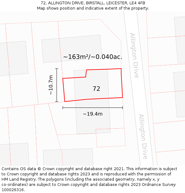 72, ALLINGTON DRIVE, BIRSTALL, LEICESTER, LE4 4FB: Plot and title map