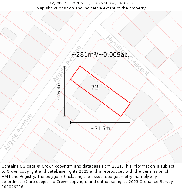 72, ARGYLE AVENUE, HOUNSLOW, TW3 2LN: Plot and title map