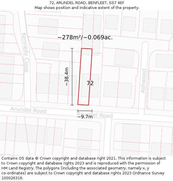 72, ARUNDEL ROAD, BENFLEET, SS7 4EF: Plot and title map