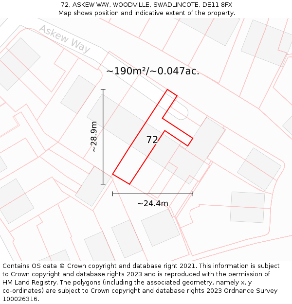72, ASKEW WAY, WOODVILLE, SWADLINCOTE, DE11 8FX: Plot and title map