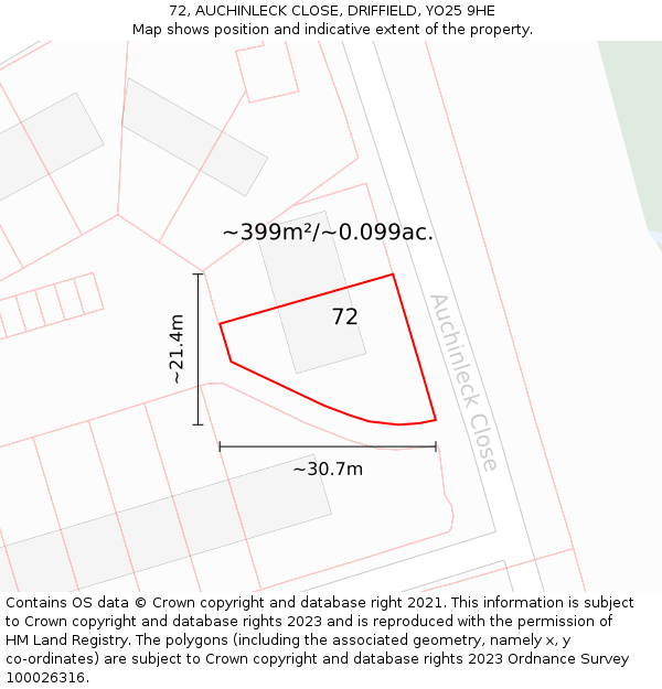 72, AUCHINLECK CLOSE, DRIFFIELD, YO25 9HE: Plot and title map