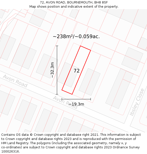 72, AVON ROAD, BOURNEMOUTH, BH8 8SF: Plot and title map