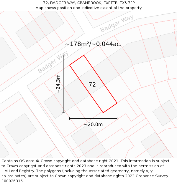 72, BADGER WAY, CRANBROOK, EXETER, EX5 7FP: Plot and title map