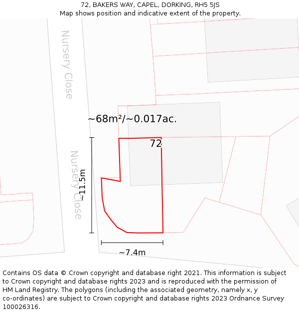 72, BAKERS WAY, CAPEL, DORKING, RH5 5JS: Plot and title map