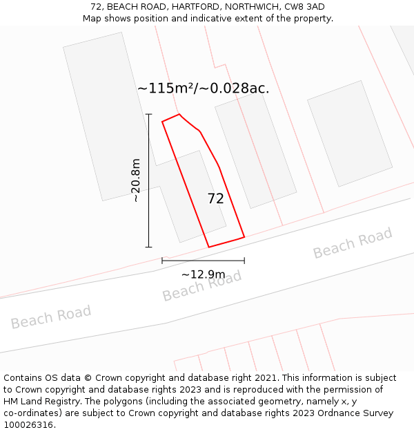 72, BEACH ROAD, HARTFORD, NORTHWICH, CW8 3AD: Plot and title map