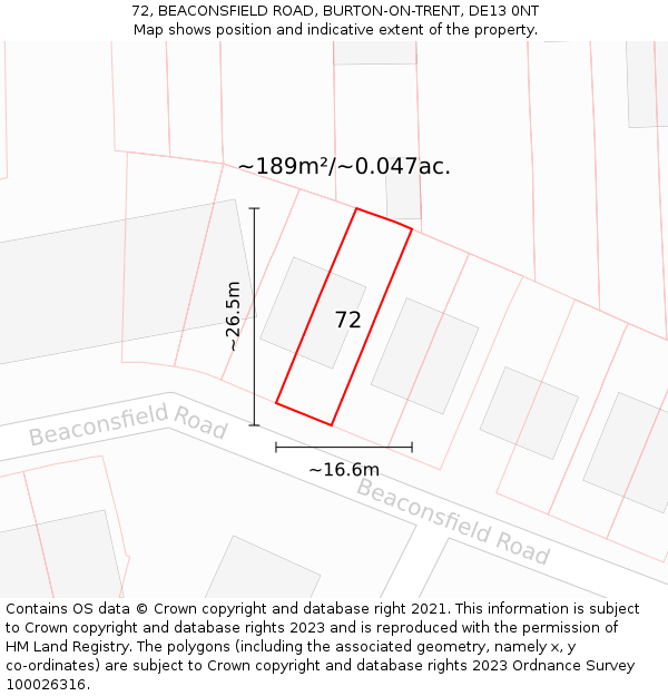 72, BEACONSFIELD ROAD, BURTON-ON-TRENT, DE13 0NT: Plot and title map