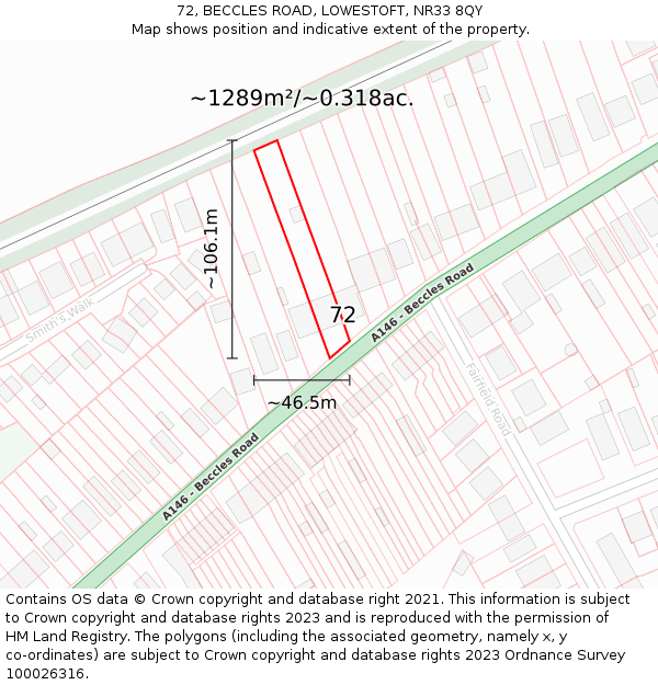 72, BECCLES ROAD, LOWESTOFT, NR33 8QY: Plot and title map