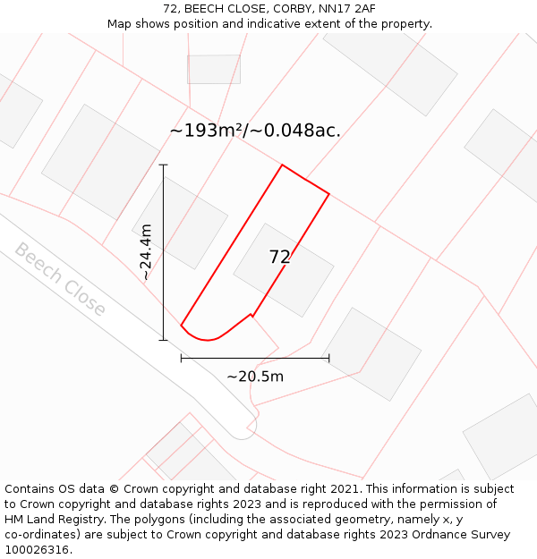 72, BEECH CLOSE, CORBY, NN17 2AF: Plot and title map