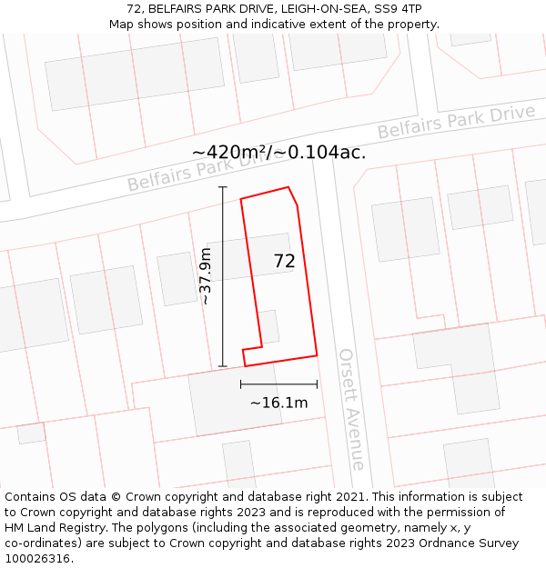72, BELFAIRS PARK DRIVE, LEIGH-ON-SEA, SS9 4TP: Plot and title map