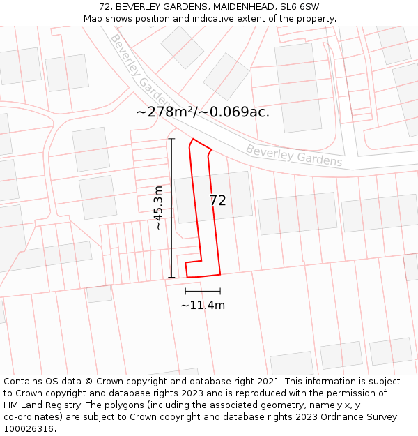 72, BEVERLEY GARDENS, MAIDENHEAD, SL6 6SW: Plot and title map