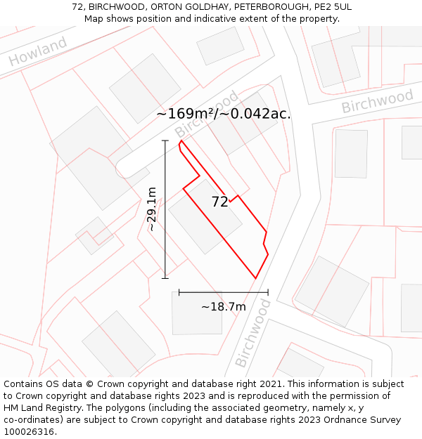 72, BIRCHWOOD, ORTON GOLDHAY, PETERBOROUGH, PE2 5UL: Plot and title map