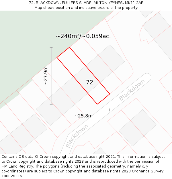 72, BLACKDOWN, FULLERS SLADE, MILTON KEYNES, MK11 2AB: Plot and title map