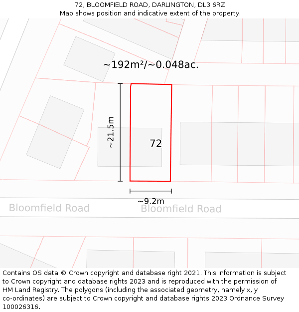 72, BLOOMFIELD ROAD, DARLINGTON, DL3 6RZ: Plot and title map