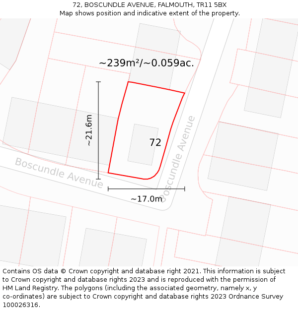 72, BOSCUNDLE AVENUE, FALMOUTH, TR11 5BX: Plot and title map