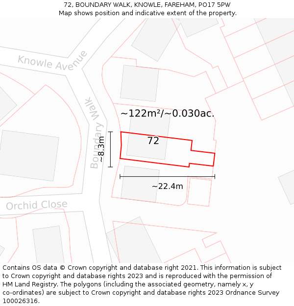 72, BOUNDARY WALK, KNOWLE, FAREHAM, PO17 5PW: Plot and title map