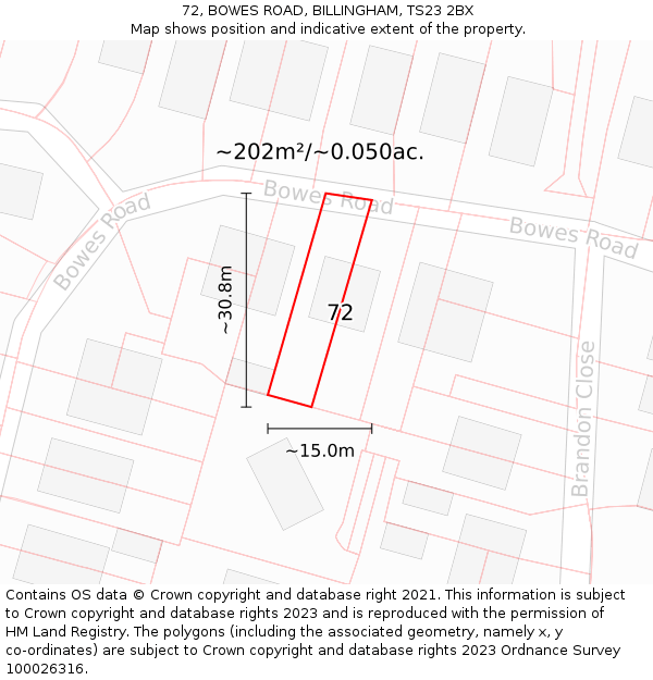 72, BOWES ROAD, BILLINGHAM, TS23 2BX: Plot and title map