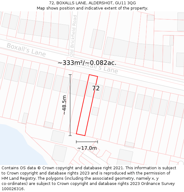 72, BOXALLS LANE, ALDERSHOT, GU11 3QG: Plot and title map