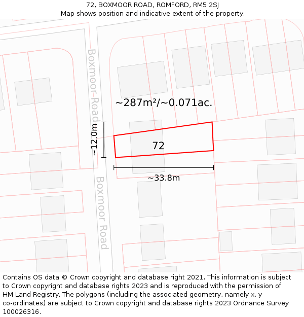 72, BOXMOOR ROAD, ROMFORD, RM5 2SJ: Plot and title map