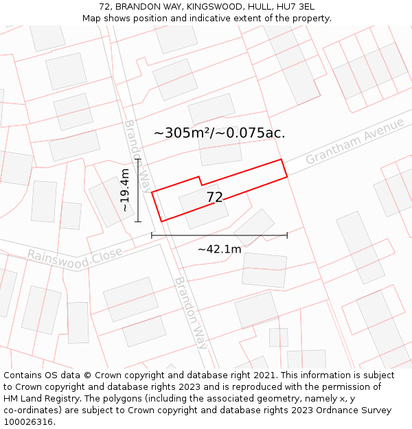 72, BRANDON WAY, KINGSWOOD, HULL, HU7 3EL: Plot and title map