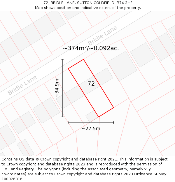 72, BRIDLE LANE, SUTTON COLDFIELD, B74 3HF: Plot and title map