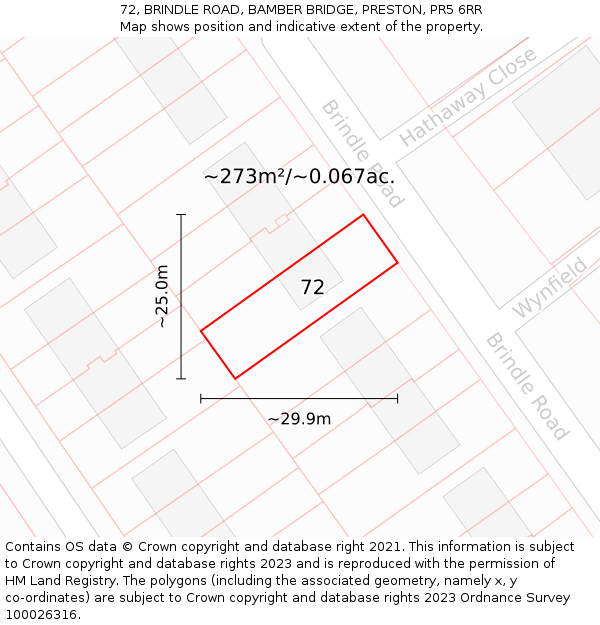 72, BRINDLE ROAD, BAMBER BRIDGE, PRESTON, PR5 6RR: Plot and title map