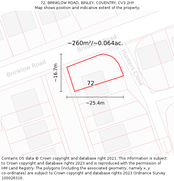 72, BRINKLOW ROAD, BINLEY, COVENTRY, CV3 2HY: Plot and title map