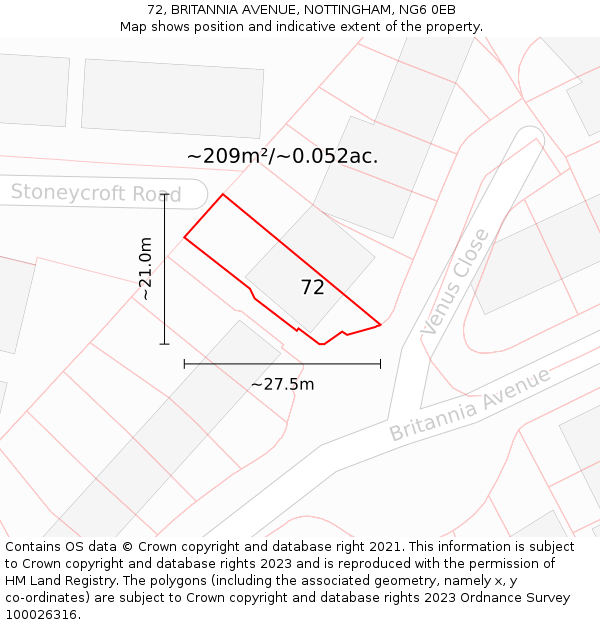 72, BRITANNIA AVENUE, NOTTINGHAM, NG6 0EB: Plot and title map