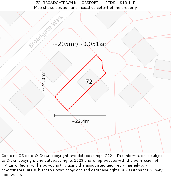 72, BROADGATE WALK, HORSFORTH, LEEDS, LS18 4HB: Plot and title map