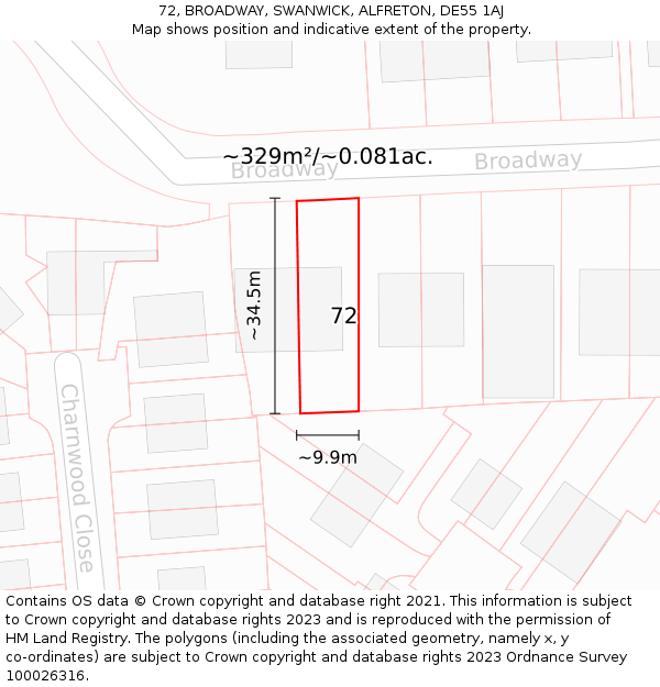 72, BROADWAY, SWANWICK, ALFRETON, DE55 1AJ: Plot and title map