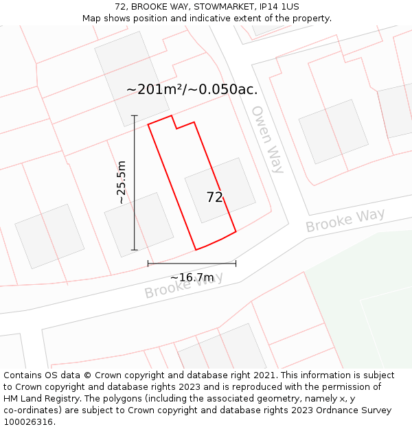 72, BROOKE WAY, STOWMARKET, IP14 1US: Plot and title map