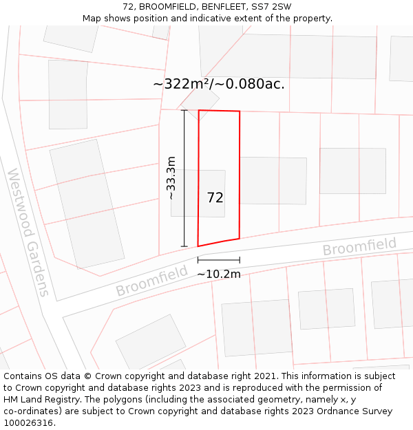 72, BROOMFIELD, BENFLEET, SS7 2SW: Plot and title map
