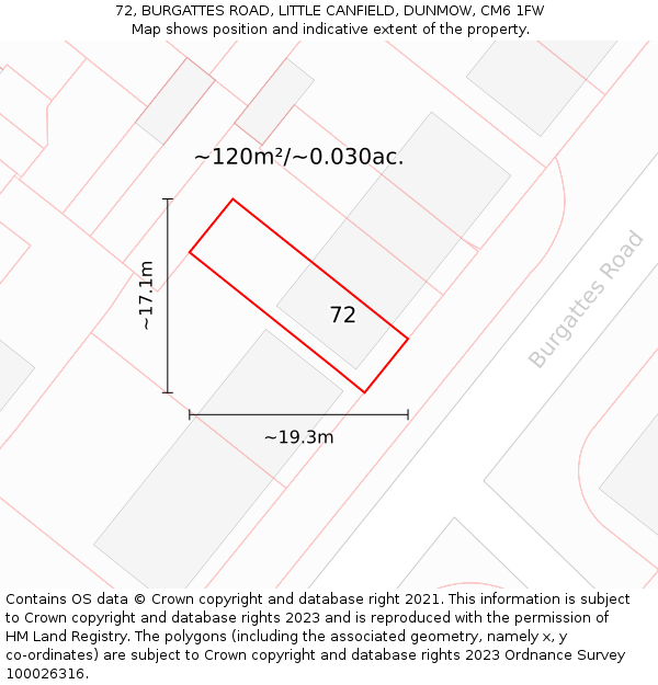 72, BURGATTES ROAD, LITTLE CANFIELD, DUNMOW, CM6 1FW: Plot and title map
