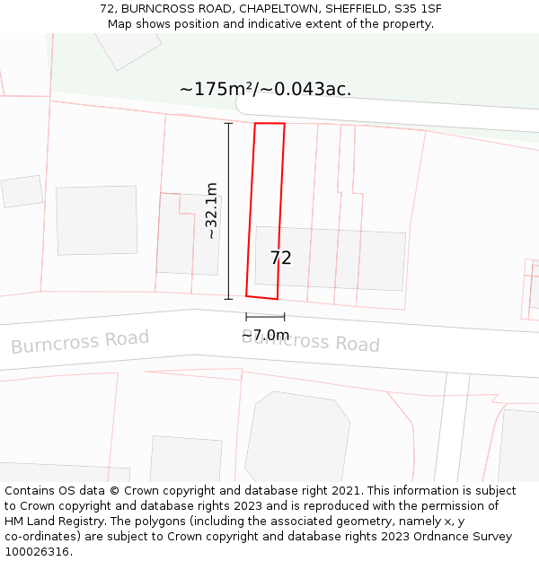72, BURNCROSS ROAD, CHAPELTOWN, SHEFFIELD, S35 1SF: Plot and title map
