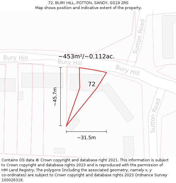 72, BURY HILL, POTTON, SANDY, SG19 2RS: Plot and title map