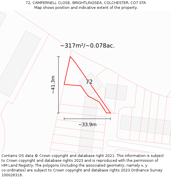 72, CAMPERNELL CLOSE, BRIGHTLINGSEA, COLCHESTER, CO7 0TA: Plot and title map