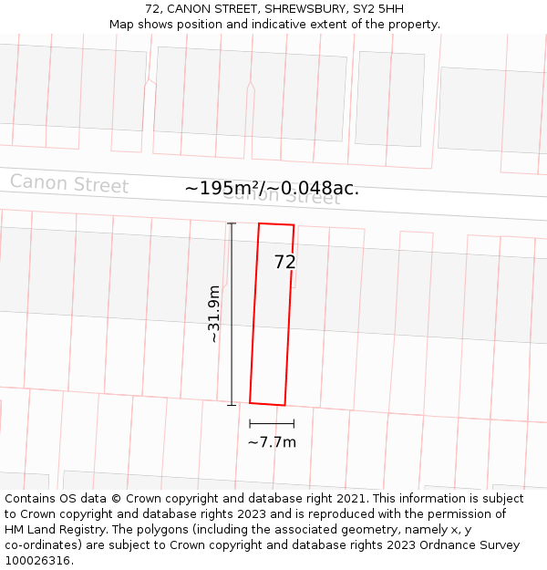 72, CANON STREET, SHREWSBURY, SY2 5HH: Plot and title map