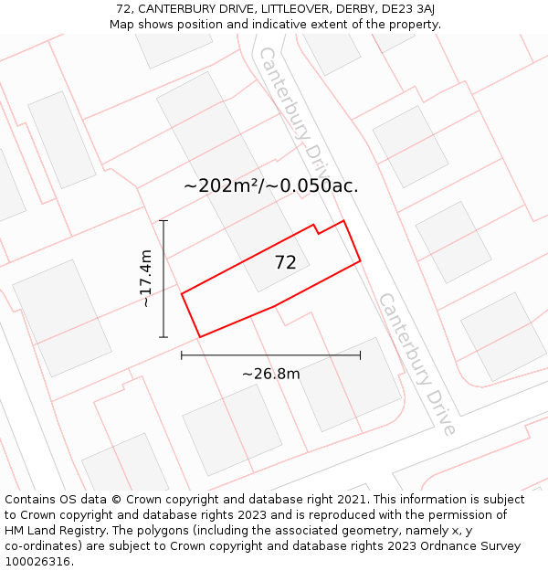 72, CANTERBURY DRIVE, LITTLEOVER, DERBY, DE23 3AJ: Plot and title map