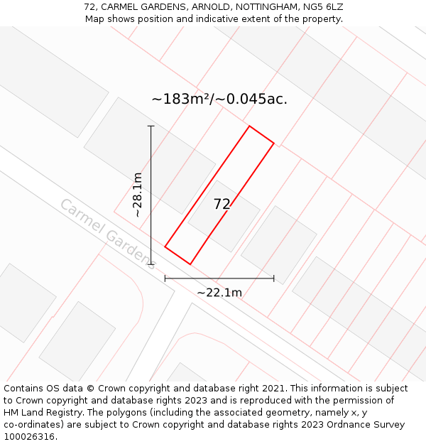72, CARMEL GARDENS, ARNOLD, NOTTINGHAM, NG5 6LZ: Plot and title map