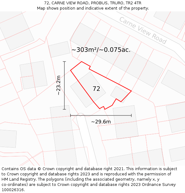 72, CARNE VIEW ROAD, PROBUS, TRURO, TR2 4TR: Plot and title map
