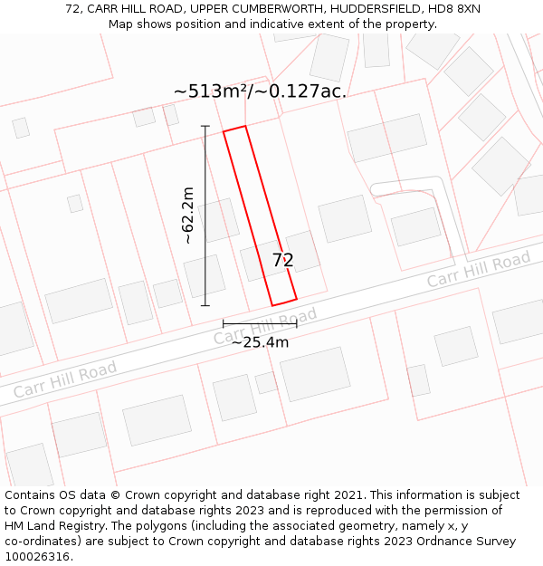 72, CARR HILL ROAD, UPPER CUMBERWORTH, HUDDERSFIELD, HD8 8XN: Plot and title map
