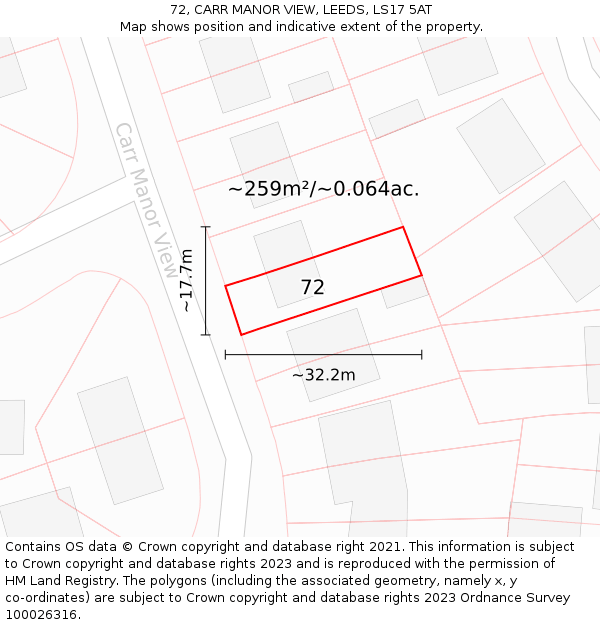 72, CARR MANOR VIEW, LEEDS, LS17 5AT: Plot and title map