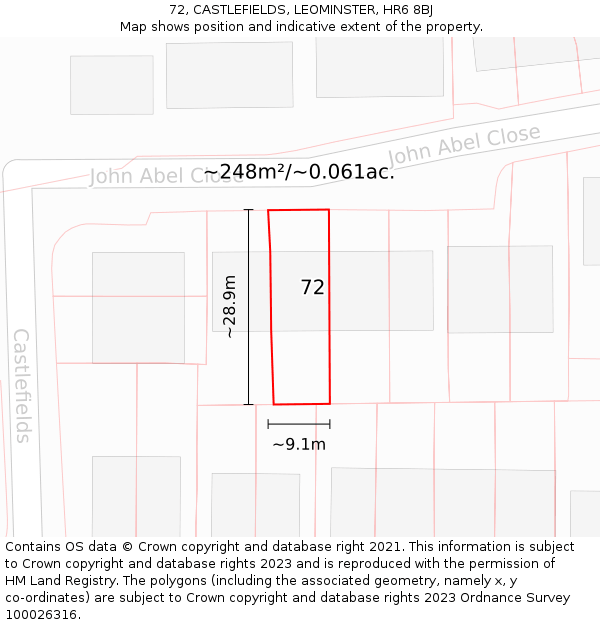72, CASTLEFIELDS, LEOMINSTER, HR6 8BJ: Plot and title map