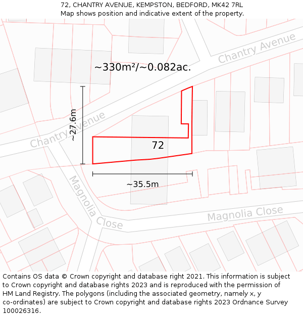 72, CHANTRY AVENUE, KEMPSTON, BEDFORD, MK42 7RL: Plot and title map