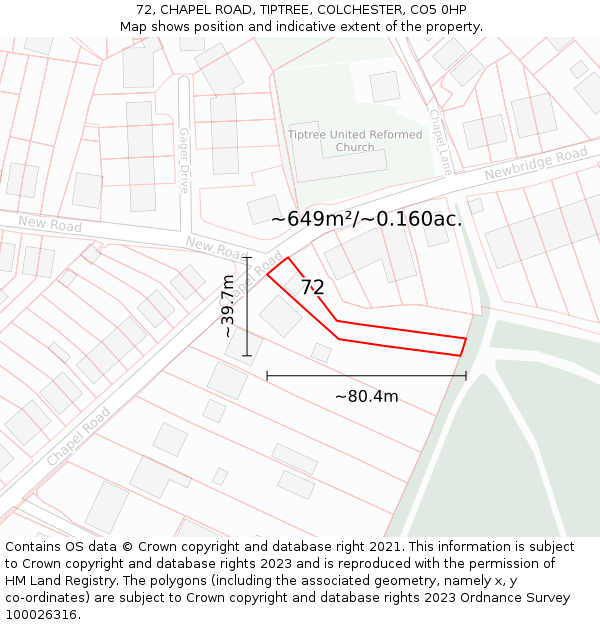 72, CHAPEL ROAD, TIPTREE, COLCHESTER, CO5 0HP: Plot and title map