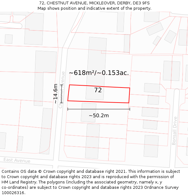 72, CHESTNUT AVENUE, MICKLEOVER, DERBY, DE3 9FS: Plot and title map