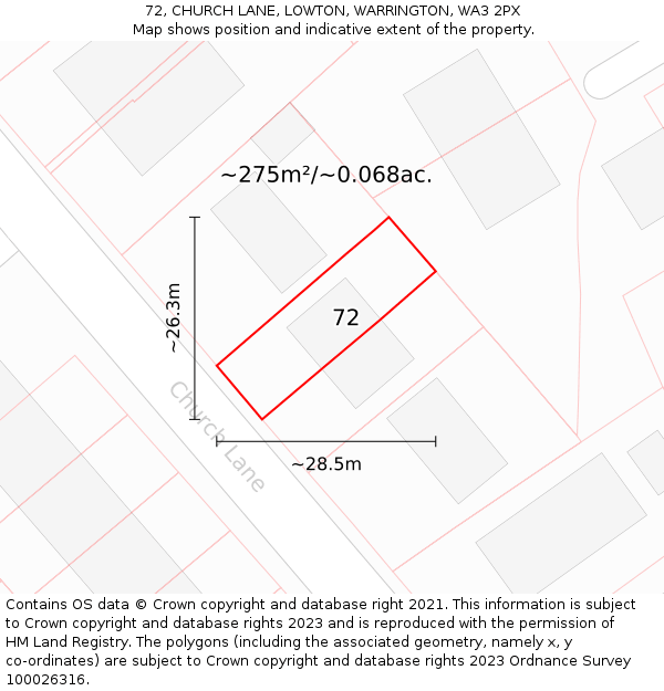 72, CHURCH LANE, LOWTON, WARRINGTON, WA3 2PX: Plot and title map