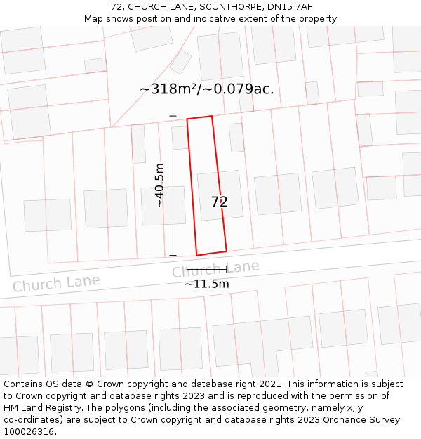 72, CHURCH LANE, SCUNTHORPE, DN15 7AF: Plot and title map