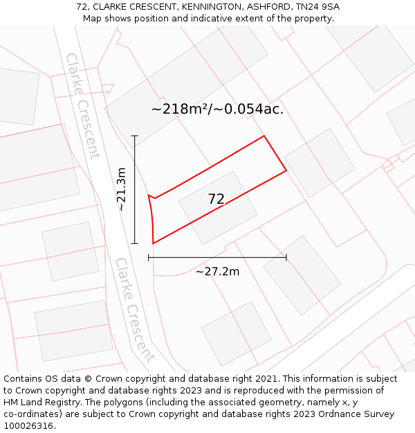 72, CLARKE CRESCENT, KENNINGTON, ASHFORD, TN24 9SA: Plot and title map